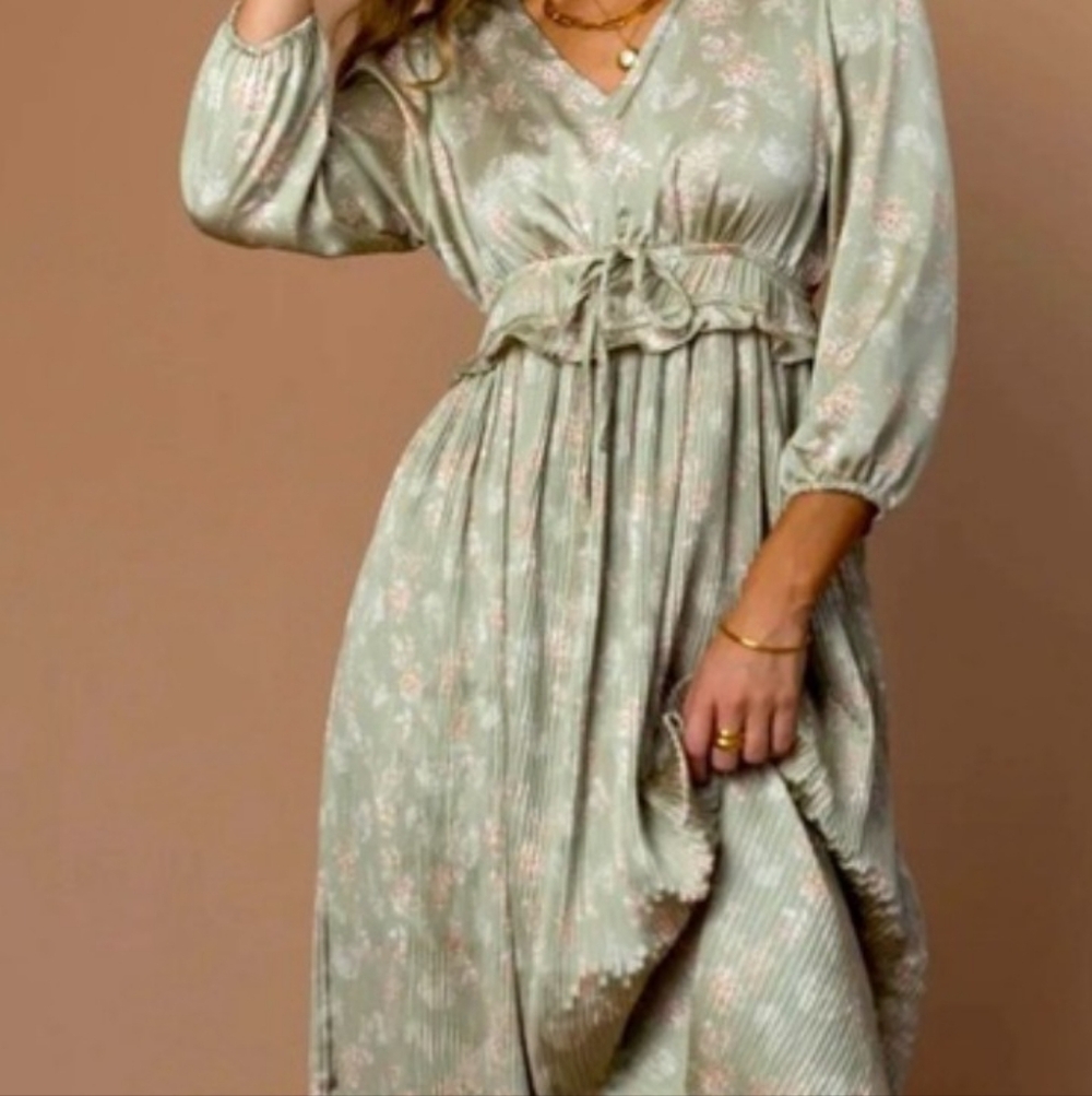 Bohme Sage Green Floral Midi Dress